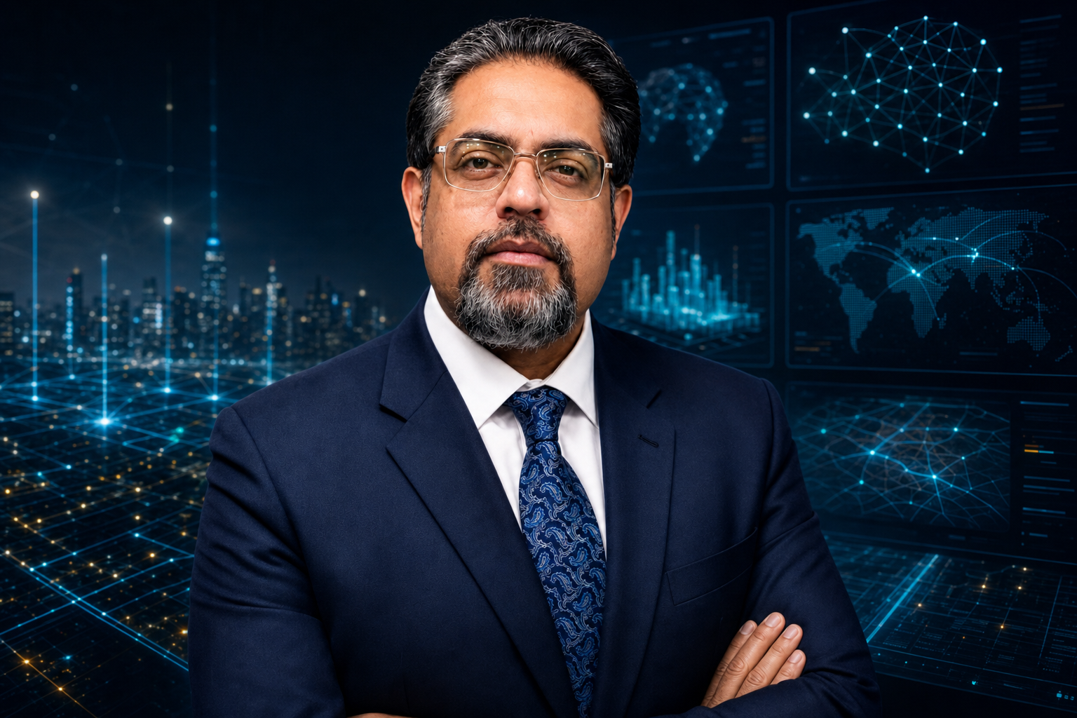 Dr. Ahmad Khokhar in an executive AI command-center setting